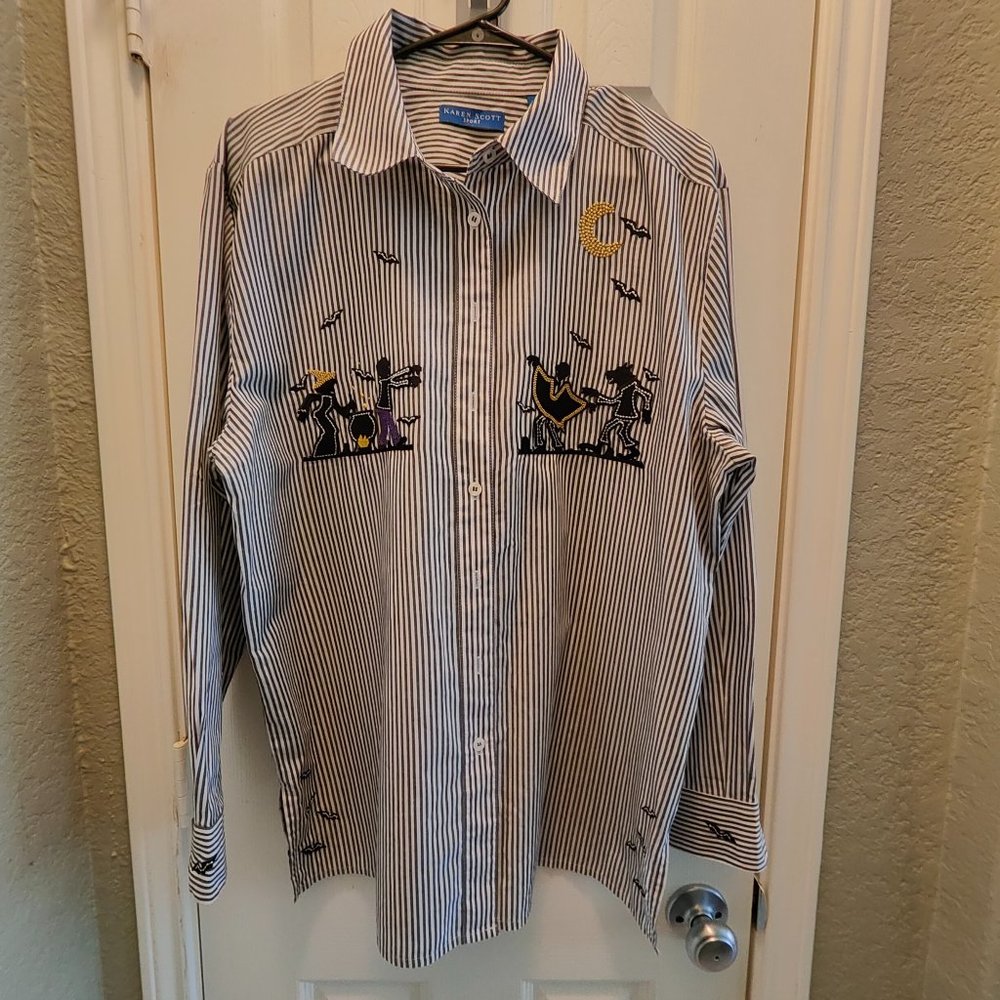 KAREN SCOTT WOMEN HALLOWEEN VAMPIRE WITCH BATS STRIPED SHIRT   SIZE XL